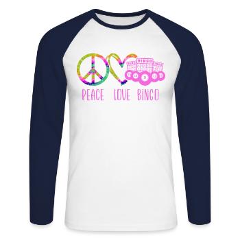 Bingo Player Peace Love Bingo - Unisex Long Sleeve Baseball T-Shirt - white/navy - Front - Nik (191cm)
