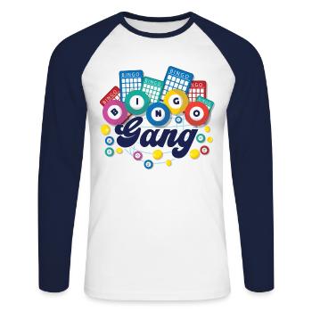 Joueur de bingo Bingo Gang - T-shirt baseball manches longues Homme - blanc/marine - Devant - Nik (191cm)