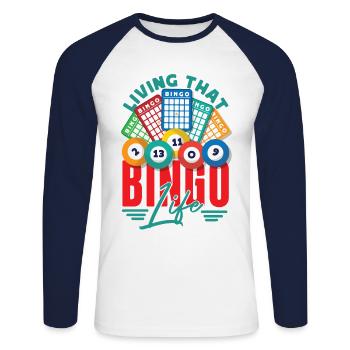 Joueur de bingo vivant ce bingo - T-shirt baseball manches longues Homme - blanc/marine - Devant - Nik (191cm)