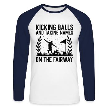 Footgolf Player Foot Golf Playing Footgolfers Foot - Unisex Long Sleeve Baseball T-Shirt - white/navy - Front - Nik (191cm)