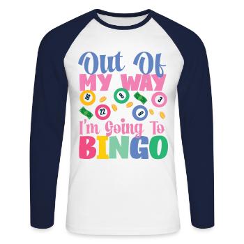 Joueur de bingo hors de mon chemin, je suis - T-shirt baseball manches longues Homme - blanc/marine - Devant - Nik (191cm)