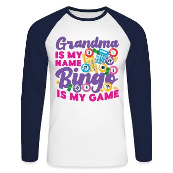 Joueur de bingo Grand-mère Grand-mère est mon - T-shirt baseball manches longues Homme - blanc/marine - Devant - Nik (191cm)