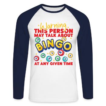 Bingo Player Warning This Person - Unisex Long Sleeve Baseball T-Shirt - white/navy - Front - Nik (191cm)