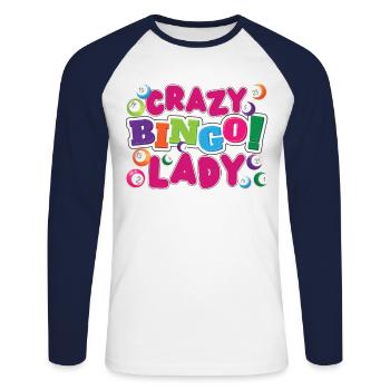 Joueur de bingo Crazy Bingo Lady - T-shirt baseball manches longues Homme - blanc/marine - Devant - Nik (191cm)