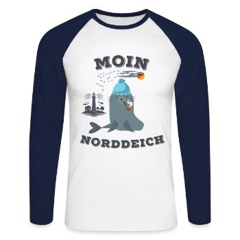 Moin Norddeich Robbe Leuchtturm Seemöwe Strand - Unisex Baseballshirt langarm - Weiß/Navy - Vorne - Nik (191cm)