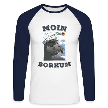 Borkum Robbe mit Spruch Moin Nordsee Insel Watt - Unisex Baseballshirt langarm - Weiß/Navy - Vorne - Nik (191cm)