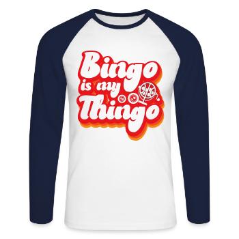 Bingo Player Pun Bingo Is My - Unisex Long Sleeve Baseball T-Shirt - white/navy - Front - Nik (191cm)