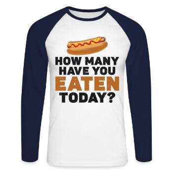 Hot Dog Adult How Many Have You - Unisex Long Sleeve Baseball T-Shirt - white/navy - Front - Nik (191cm)