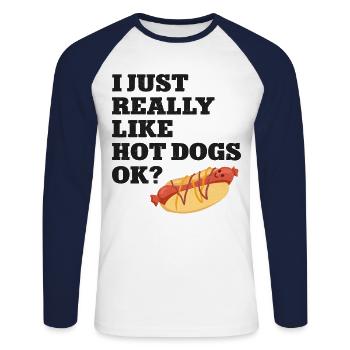 Hot Dog Adult I Just Really Like - Unisex Long Sleeve Baseball T-Shirt - white/navy - Front - Nik (191cm)