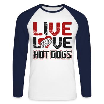 Hot Dog Adult Live Love Hot Dogs - Unisex Long Sleeve Baseball T-Shirt - white/navy - Front - Nik (191cm)