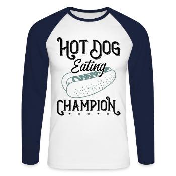 Hot-dog Adulte Manger des hot-dogs - T-shirt baseball manches longues Homme - blanc/marine - Devant - Nik (191cm)
