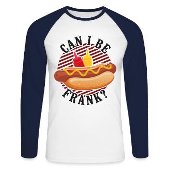 Hot Dog Adult Can I Be Frank? - Unisex Long Sleeve Baseball T-Shirt - white/navy - Front - Nik (191cm)