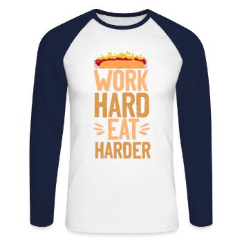 Hot Dog Adulte Travailler dur Manger plus fort - T-shirt baseball manches longues Homme - blanc/marine - Devant - Nik (191cm)