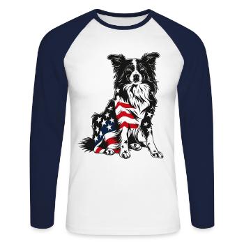 Border Collie Dog 4 juillet Drapeau américain Cadeaux - T-shirt baseball manches longues Homme - blanc/marine - Devant - Nik (191cm)