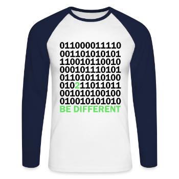 Cadeau Be Different Binary Code Nerd - T-shirt baseball manches longues Homme - blanc/marine - Devant - Nik (191cm)