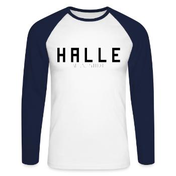 Halle Meine Stadt - Unisex Baseballshirt langarm - Weiß/Navy - Vorne - Nik (191cm)