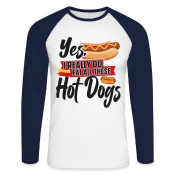 Hot Dog Adult Yes, I Really Do Eat - Unisex Long Sleeve Baseball T-Shirt - white/navy - Front - Nik (191cm)