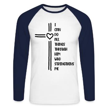 I Can Do All Things Through Him Christen Kreuz - Unisex Long Sleeve Baseball T-Shirt - white/navy - Front - Nik (191cm)