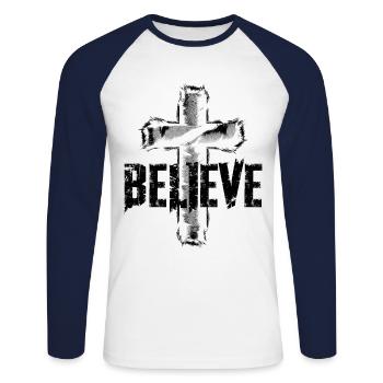 Believe Christen Kreuz Religion Christ Geschenk - Unisex Baseballshirt langarm - Weiß/Navy - Vorne - Nik (191cm)