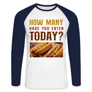 Hot Dog Adult How Many Have You - Unisex Long Sleeve Baseball T-Shirt - white/navy - Front - Nik (191cm)