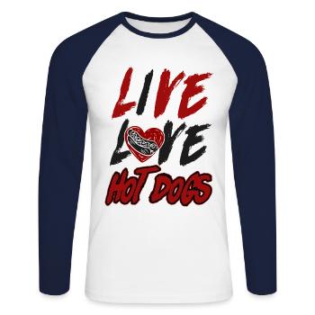 Hot Dog Adult Live Love Hot Dogs - Unisex Long Sleeve Baseball T-Shirt - white/navy - Front - Nik (191cm)
