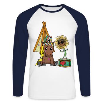 Hippie Horse Teepee Sunflower Horses Drum Peace - Unisex Long Sleeve Baseball T-Shirt - white/navy - Front - Nik (191cm)