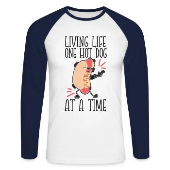 Hot Dog Adult Living Life One Hot - Unisex Long Sleeve Baseball T-Shirt - white/navy - Front - Nik (191cm)