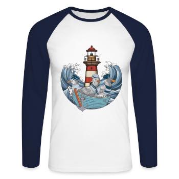 Seagulls Boat Shipping Lighthouse Waves Sea - Unisex Long Sleeve Baseball T-Shirt - white/navy - Front - Nik (191cm)