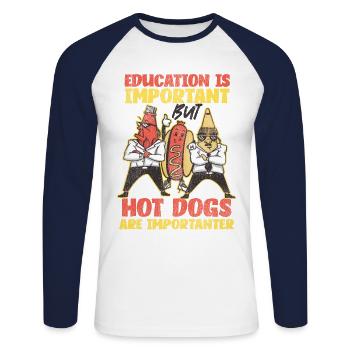 Hot Dog Adult Education Is - Unisex Baseballshirt langarm - Weiß/Navy - Vorne - Nik (191cm)
