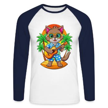 Drôle Chat Dessin Animé Plage D’été Lunettes De Soleil Guitare - T-shirt baseball manches longues Homme - blanc/marine - Devant - Nik (191cm)