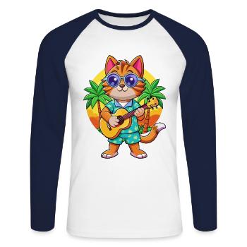 Drôle Chat Dessin Animé Plage D’été Lunettes De Soleil Guitare - T-shirt baseball manches longues Homme - blanc/marine - Devant - Nik (191cm)