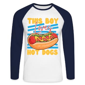 Hot Dog Adult Boy This Boy Loves - Unisex Long Sleeve Baseball T-Shirt - white/navy - Front - Nik (191cm)