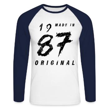 Made In 1987 Original Geburtstag Grunge Distressed - Unisex Baseballshirt langarm - Weiß/Navy - Vorne - Nik (191cm)
