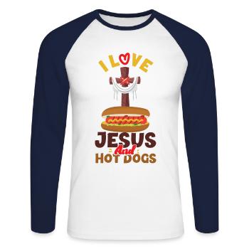 Hot Dog Adult Jesus Faith - Unisex Long Sleeve Baseball T-Shirt - white/navy - Front - Nik (191cm)
