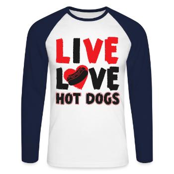 Hot Dog Adult Live Love Hot Dogs - Unisex Long Sleeve Baseball T-Shirt - white/navy - Front - Nik (191cm)