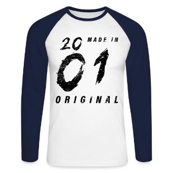 Fabriqué en 2001 Original Anniversaire Grunge en détresse - T-shirt baseball manches longues Homme - blanc/marine - Devant - Nik (191cm)