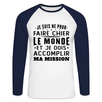 Né Pour Faire Chier Le Monde Accomplir Ma Mission - T-shirt baseball manches longues Homme - blanc/marine - Devant - Nik (191cm)