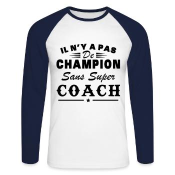il n y a pas de champion sans super coach - T-shirt baseball manches longues Homme - blanc/marine - Devant - Nik (191cm)