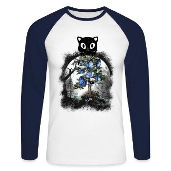 Forest Cat Spring Nature Butterflies Cats - Unisex Long Sleeve Baseball T-Shirt - white/navy - Front - Nik (191cm)