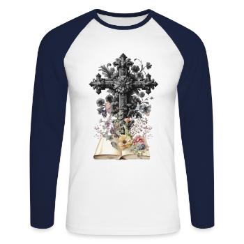 Croix Croix Fleurs Funéraire Crucifix Mort - T-shirt baseball manches longues Homme - blanc/marine - Devant - Nik (191cm)
