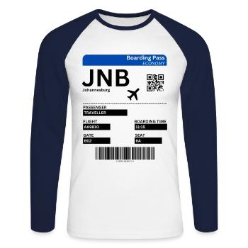 Carte d’embarquement à Johannesburg Afrique du Sud Idée de vacances - T-shirt baseball manches longues Homme - blanc/marine - Devant - Nik (191cm)