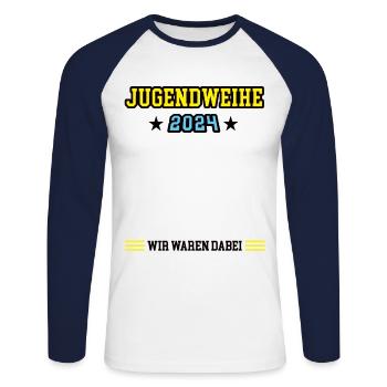 Jugendweihe 2024 Gästebuch Feier Cooles Teenager - Unisex Baseballshirt langarm - Weiß/Navy - Vorne - Nik (191cm)