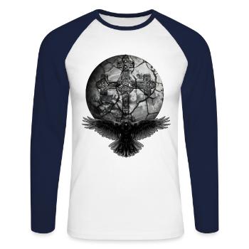 Raven Crow Kruez traverse la planète Halloween Raven - T-shirt baseball manches longues Homme - blanc/marine - Devant - Nik (191cm)