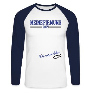 Meine Firmung 2024 Gästebuch Outfit Patenkind Firm - Unisex Baseballshirt langarm - Weiß/Navy - Vorne - Nik (191cm)