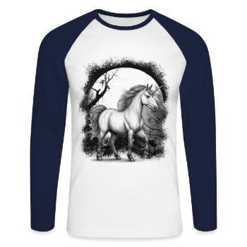 Licorne Licornes Conte de fées Cheval Chevaux Forêt - T-shirt baseball manches longues Homme - blanc/marine - Devant - Nik (191cm)