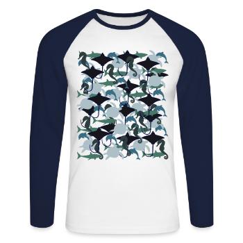 Rochen Hai Delfin Meeresschildkröte Seepferdchen - Unisex Baseballshirt langarm - Weiß/Navy - Vorne - Nik (191cm)