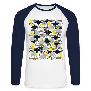 Rochen Hai Delfin Meeresschildkröte Seepferdchen - Unisex Baseballshirt langarm - Weiß/Navy - Vorne - Nik (191cm)