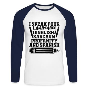 Professeur de langues étrangères École Professeurs de langues - T-shirt baseball manches longues Homme - blanc/marine - Devant - Nik (191cm)