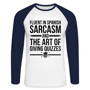 Professeur de langues étrangères École Professeurs de langues - T-shirt baseball manches longues Homme - blanc/marine - Devant - Nik (191cm)