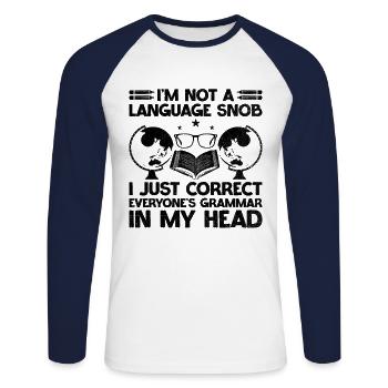 Professeur de langues étrangères École Professeurs de langues - T-shirt baseball manches longues Homme - blanc/marine - Devant - Nik (191cm)